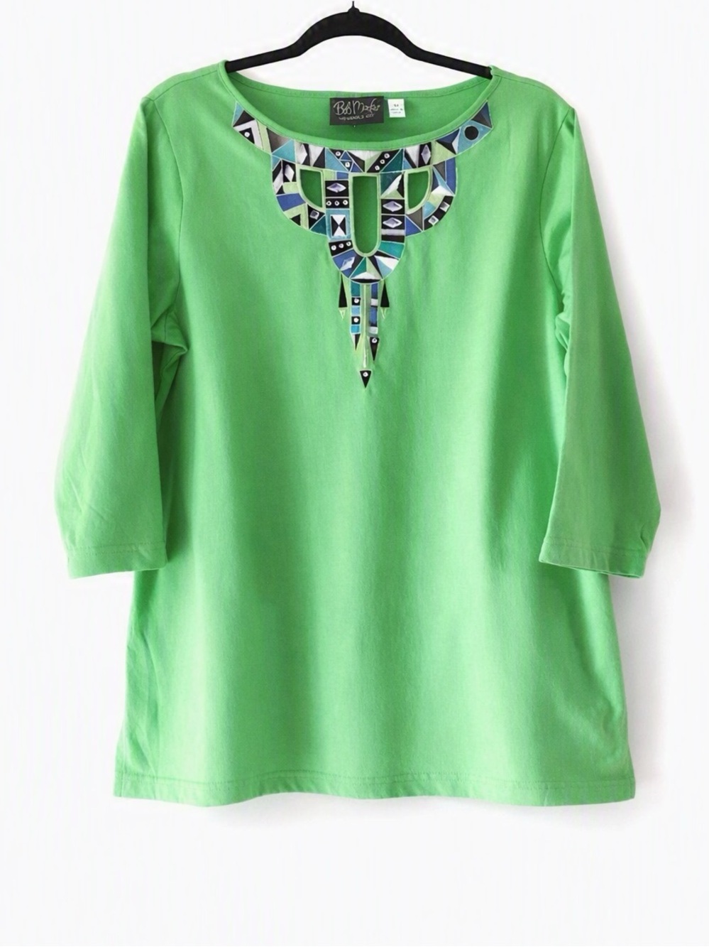 Vintage Bob Mackie Wearable Art Deco Gemstones Green Cotton Top Size Medium